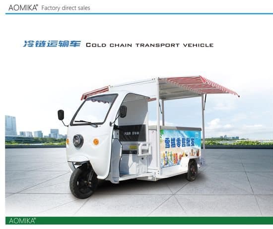 Electric cold-chain freezer vending tricycle with side awning for mobile food sales