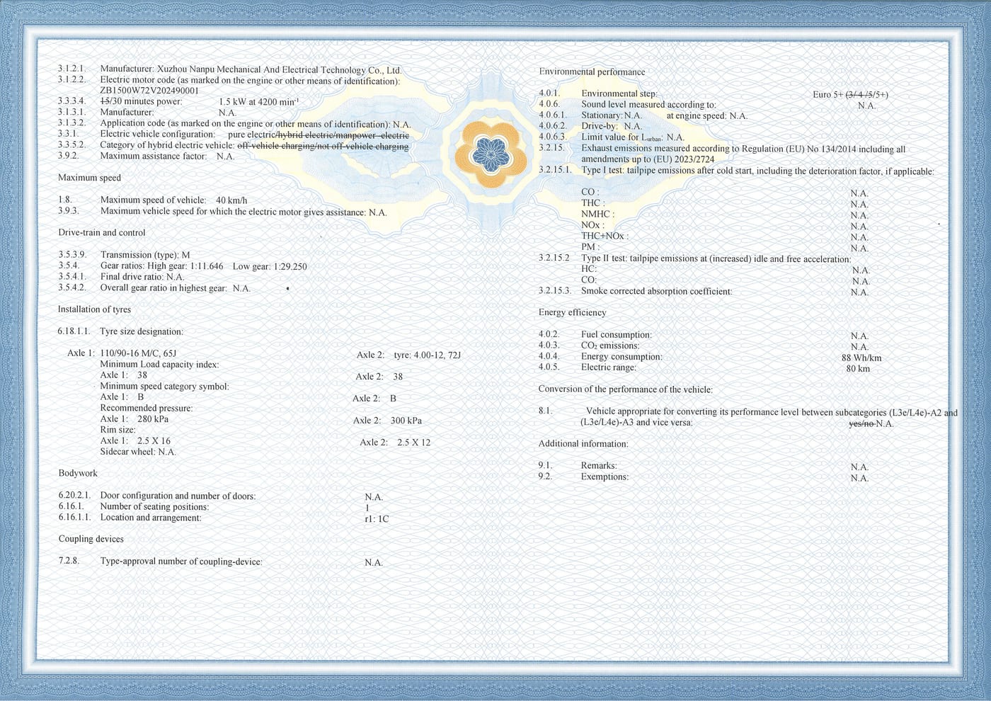 EU COC — Technical Parameters Sheet